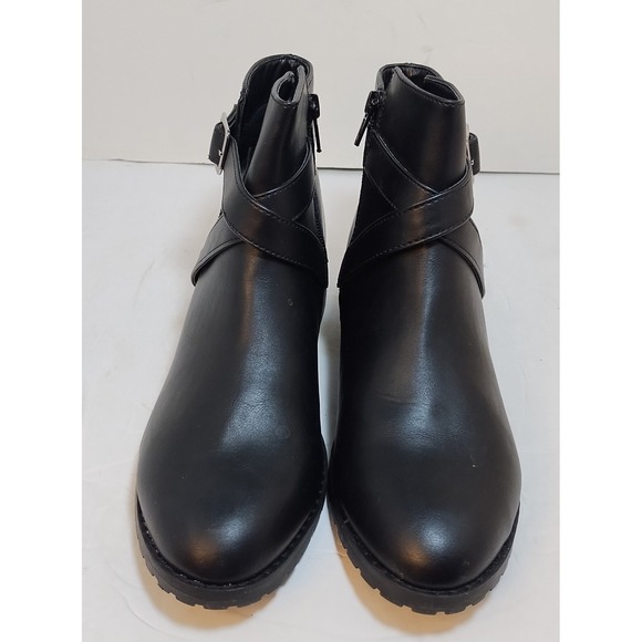 Worthington Wor Reddle SZ 7 Black Faux Leather Ankle Boots Buckle Strap Side Zip - Picture 2 of 10